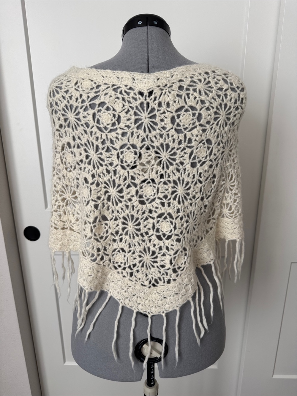 Crochet Fringe Poncho in Cream - Picture 3 of 7